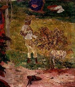 petit nègre avec la chèvre à TahitI  (Détail de la conversation des tropiques) à Paul Gauguin