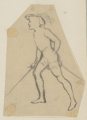 Demetrius mit Hut, gezogenem Schwert und weit ausfallendem Schritt, nach links