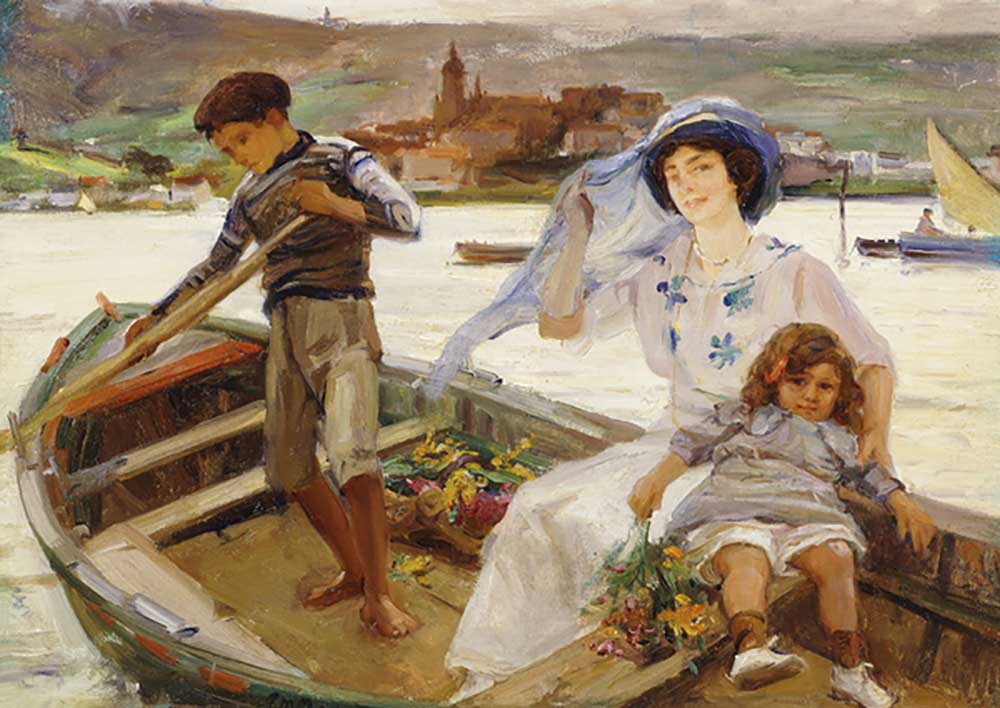 A Mother and Child being Ferried across a River with a Town Beyond, 1913 à Paul Michel Dupuy