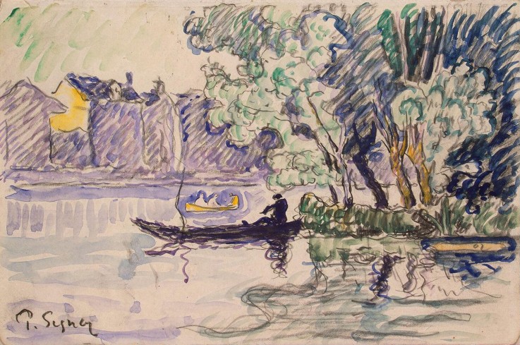 Fisherman in a Boat Near a Bank of the Seine à Paul Signac