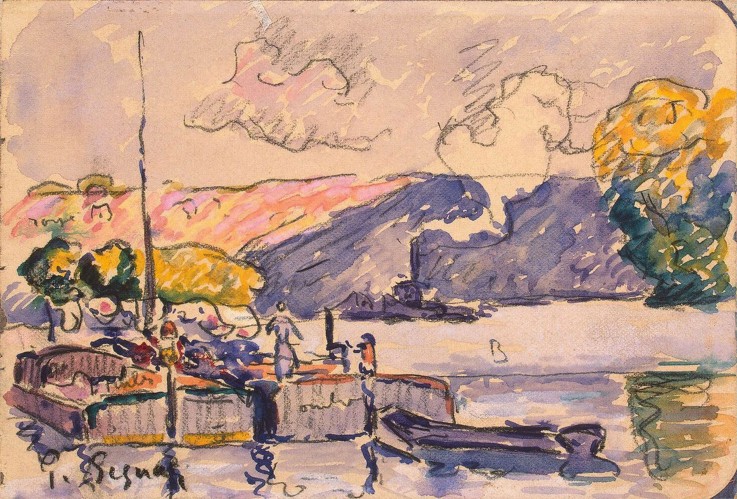 Two Barges, Boat, and Tugboat in Samois à Paul Signac
