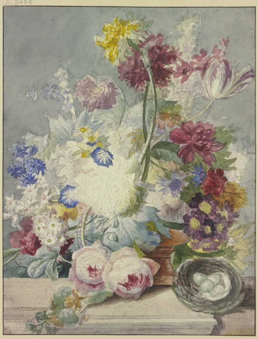 Blumenstrauß, dabei ein Vogelnest mit Eiern à Paul Theodor van Brussel
