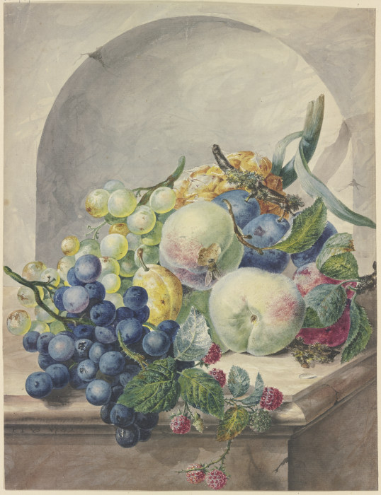 Fruchtstück in einer Nische auf einem Marmortische, Pflaumen, Pfirsiche, Trauben und Brombeeren à Paul Theodor van Brussel