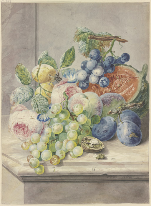 Fruchtstück mit einer aufgeschnittenen Melone und zwei Rosen, Trauben, Pfirsichen, Pflaumen und eine à Paul Theodor van Brussel