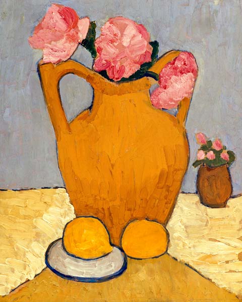 Nature morte avec cruche en terre cuite, pivoines et oranges à Paula Modersohn-Becker