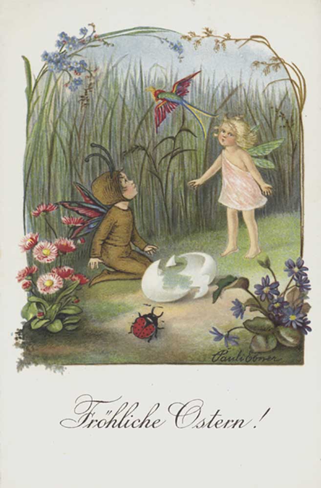 Easter greetings card depicting two fairies in a spring garden. à Pauli Ebner