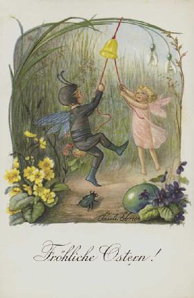 Easter greetings card depicting two fairies in a spring garden.