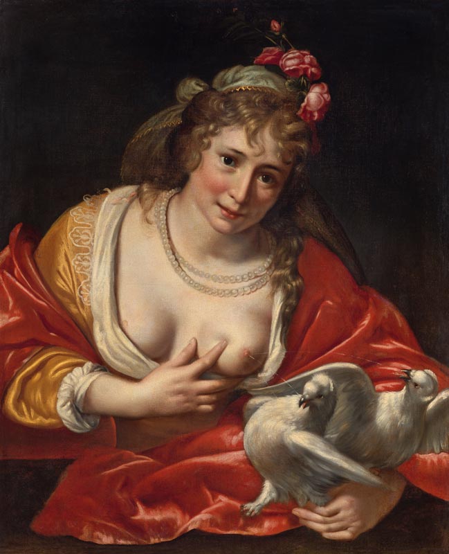 Venus nourrissant deux pigeons à Paulus Moreelse