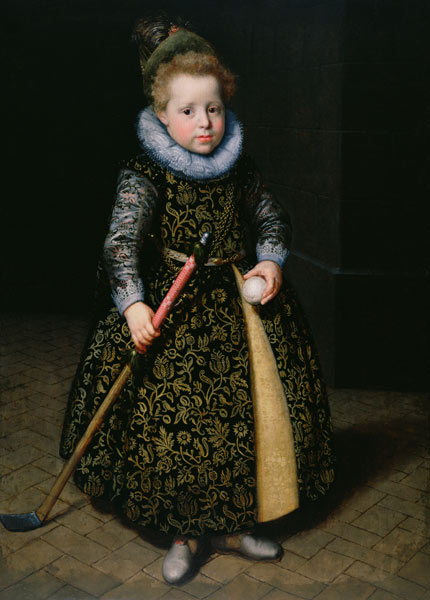 Portrait of a four-year old boy with club and ball à Paulus Moreelse