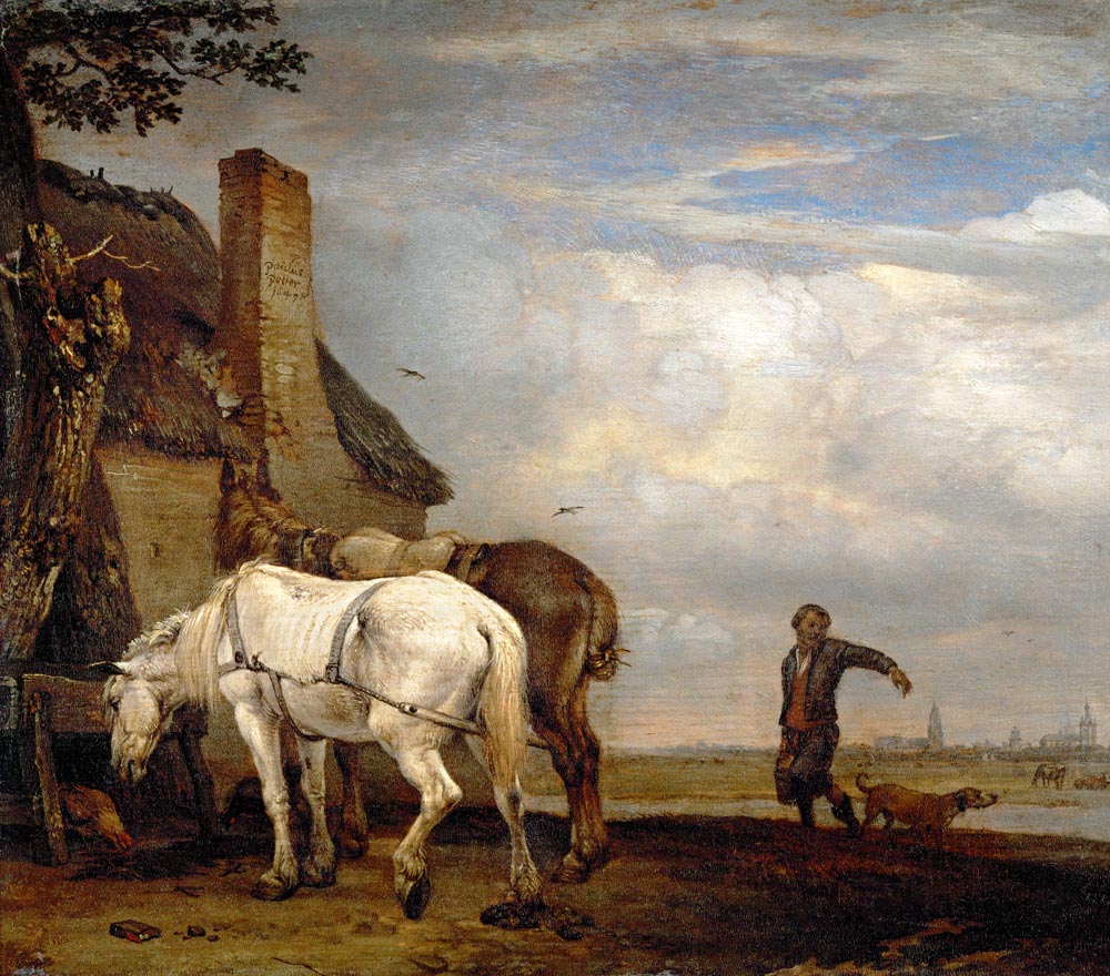 Two horses outside a farmhouse à Paulus Potter