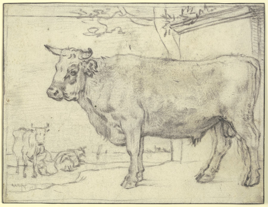Stier nach links, hinten zwei Kühe und eine Melkerin à Paulus Potter