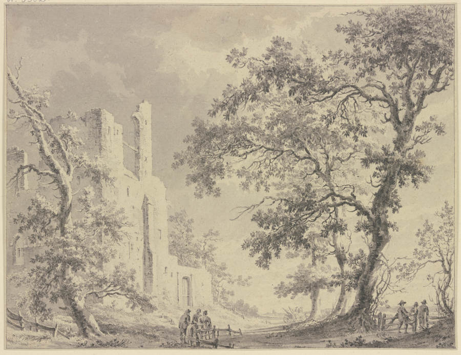 Links eine Ruine, rechts hohe Bäume mit einem Zaun, an welchem verschiedene Personen stehen à Paulus van Liender