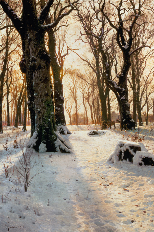 Forêt d'hiver avec le cerf. à Peder Mønsted