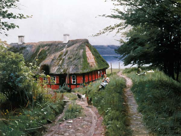 Idylle d'été devant la cabane de pêcheur à Peder Mønsted