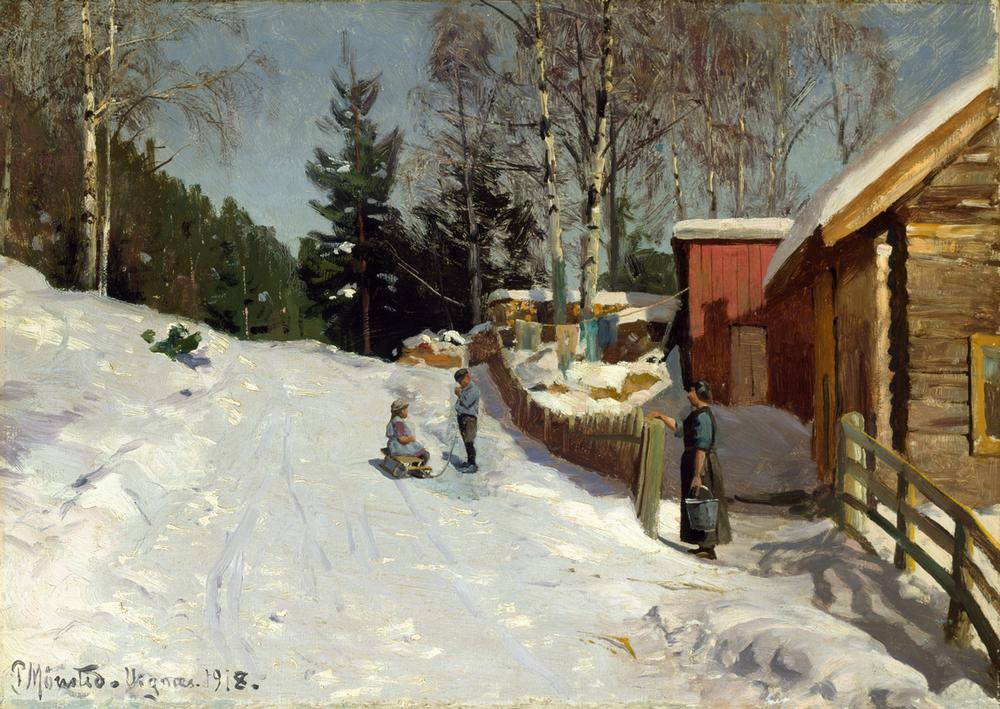 Children Playing in a Snowy Village Lane à Peder Mønsted