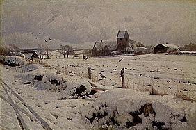 Paysage d'hiver avec l'église de village à Holmstrup.