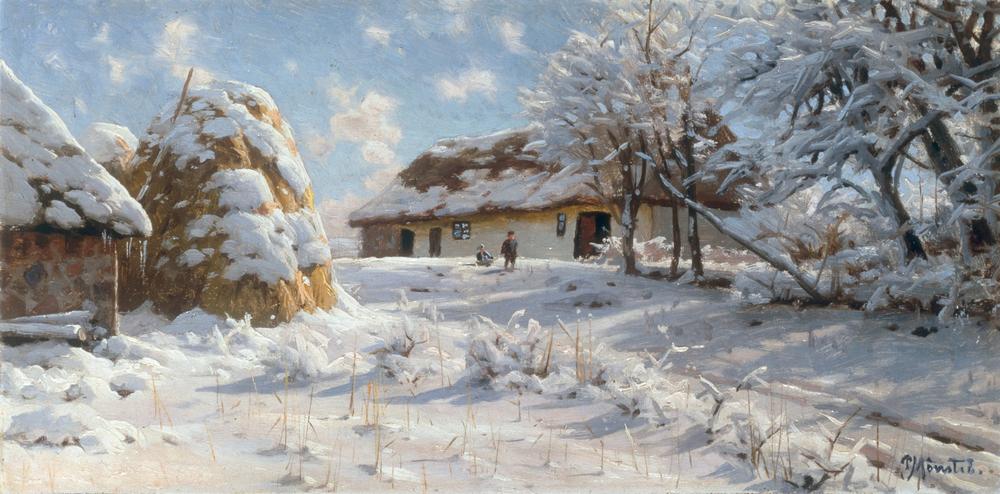 Village scene in snow with children tobogganing à Peder Mønsted