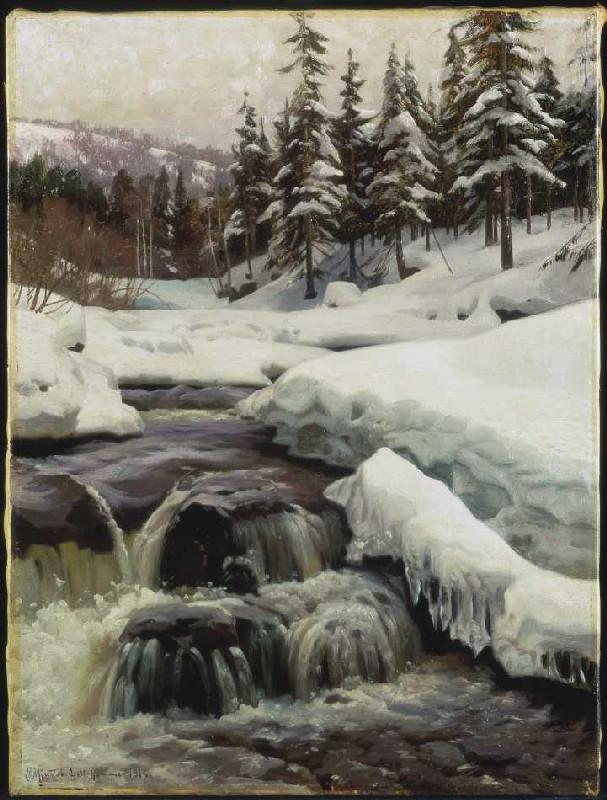 Paysage d'hiver avec un ruisseau de montagne (Lillehammer) à Peder Mønsted