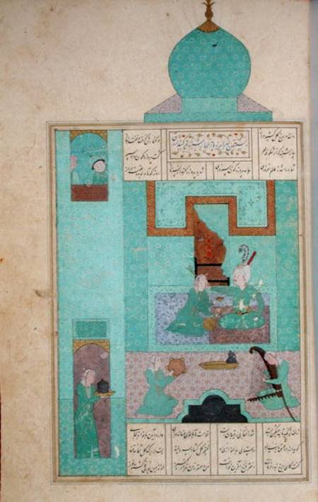 Ms D-212 fol.216a Bahram Visits a Princess in the Turquoise Pavilion, illustration to 'The Seven Pri à École persane