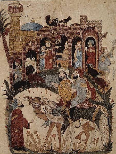Ar 5847 f.138 Abu Zayd and Al-Harith questioning villagers from 'The Maqamat' (The Meetings) by Al-H à École persane