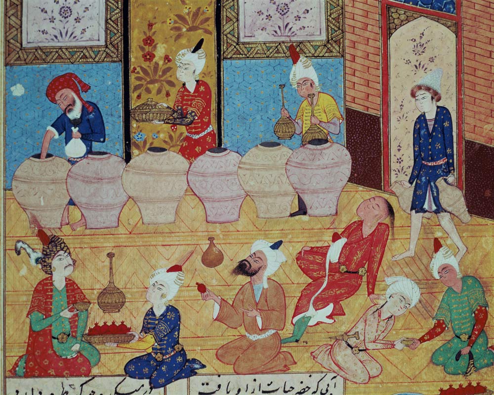 Fol.33v, Detail of a banquet with musicians, from a book of poems Hafiz Shirazi (c.1325-c.1388) 1554 à École persane
