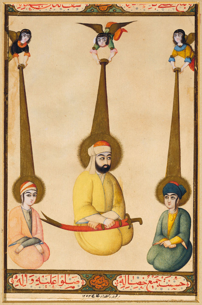 The first three Shiite Imams: Ali with his sons Hasan and Husayn, illustration from a Qajar manuscri à École persane