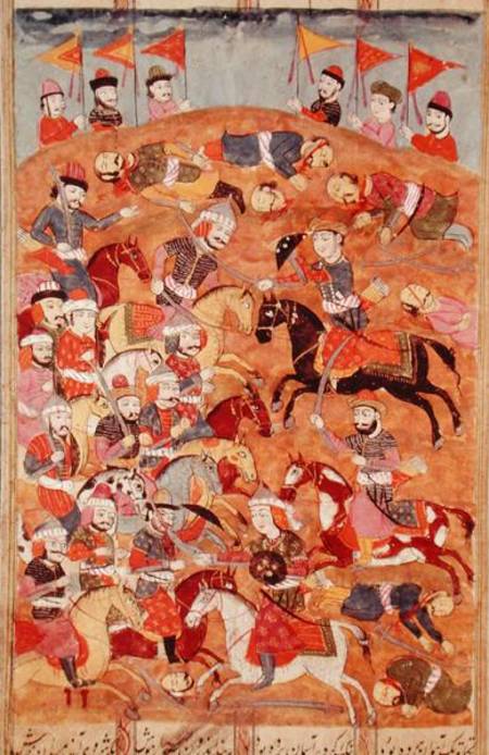 Battle between the Persians and the Turanians, illustration from the 'Shahnama' (Book of Kings), by à École persane