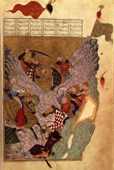 Genghis Khan (c.1162-1227) fighting the Chinese in the mountains, a scene from Ahmad Tabrizi's 'Shah à École persane