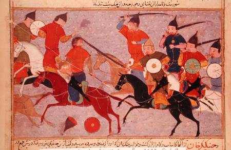 Ms Pers.113 f.49 Genghis Khan (c.1162-1227) in Battle à École persane
