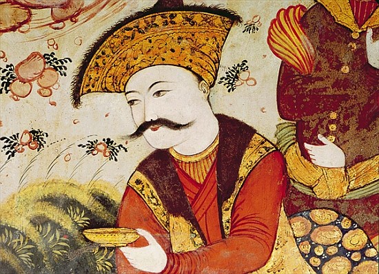 Shah Abbas I (1588-1629) and a Courtier offering fruit and drink (detail of 155563 showing the head  à École persane