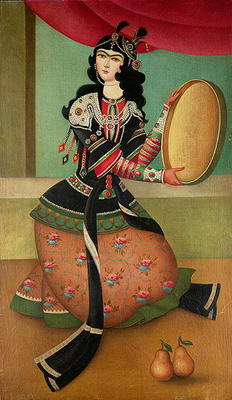 A Dancing Girl with a Tambourine, Qajar school (oil on canvas) à Ecole persane, (19ème siècle)