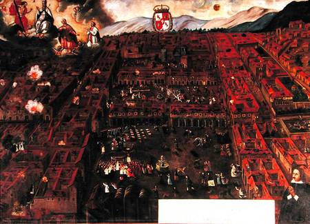 View of Cuzco at the time of the earthquake of 1650 à École péruvienne