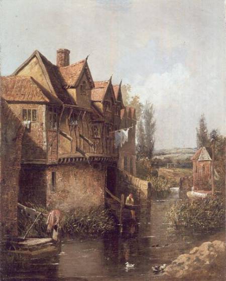 Boy fishing by a mill à Peter Deakin