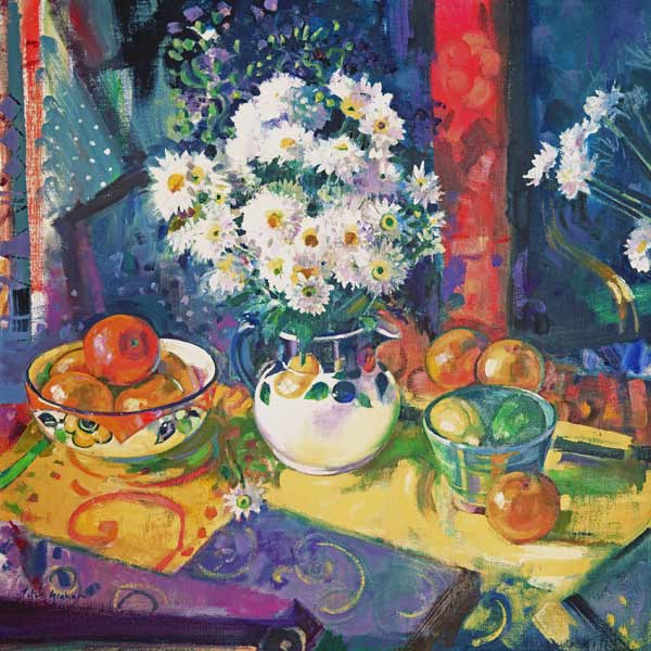 Flowers and Fruit in a Green Bowl, 1997 (oil on canvas)  à Peter  Graham