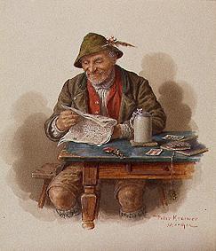 vieux paysan en gilet rouge lisant le journal à Peter Krämer