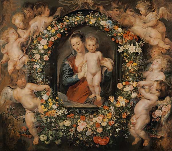 La Madonne avec la couronne de fleurs. La couronne de fleurs Jan Brueghel l'Ancien (1568-1625) à Peter Paul Rubens