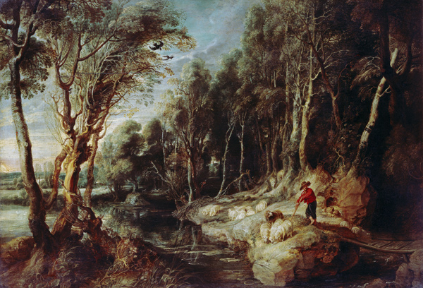 A Shepherd with his Flock in a Woody landscape, c.1615-22 (oil on oak) à Peter Paul Rubens