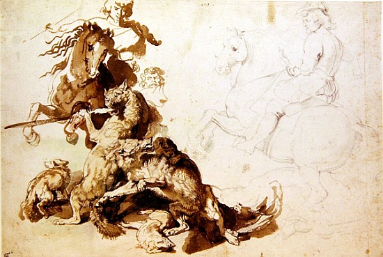 Sketch for a Wolf Hunt (pencil with w/c on paper) à Peter Paul Rubens