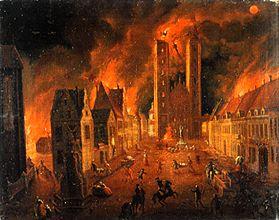 Le feu de la cathédrale à Breslau,