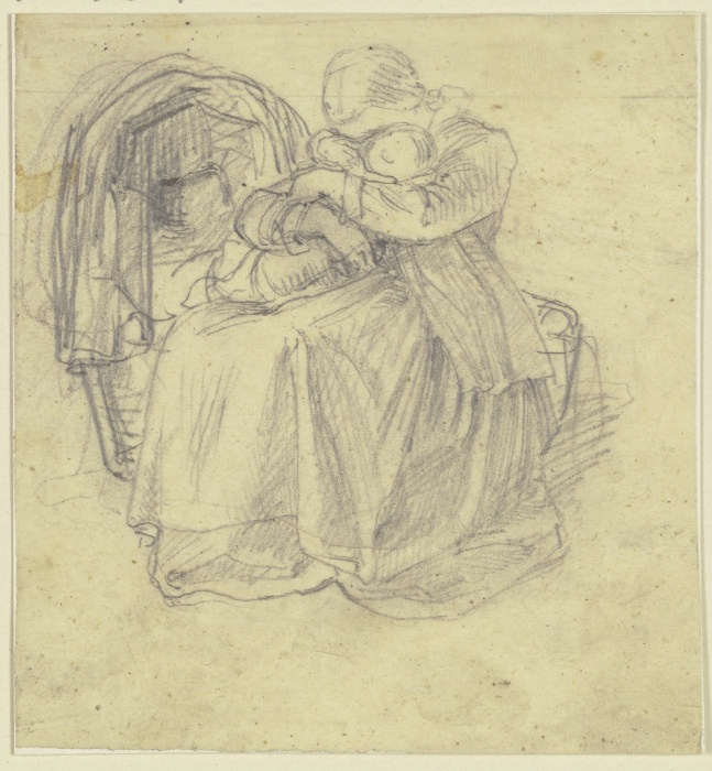 Ein Mädchen sitzt bei einer Wiege und hält mit beiden Armen umfaßt ein kleines Kind auf ihrem Schoß, à Philipp Rumpf