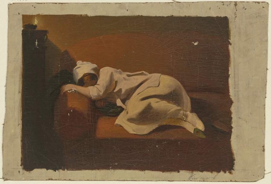 Schlafende Frau auf rotem Sofa à Philipp Winterwerb