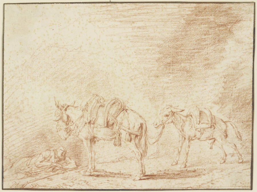 Ruhender Mann bei zwei Eseln à Philips Wouwerman