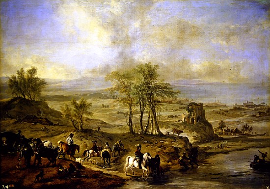 Departing for the hunt and fishing in the river à Philips Wouwermans ou Wouwerman