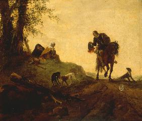 Landscape with a Horseman on a Roadside greeting two Ladies