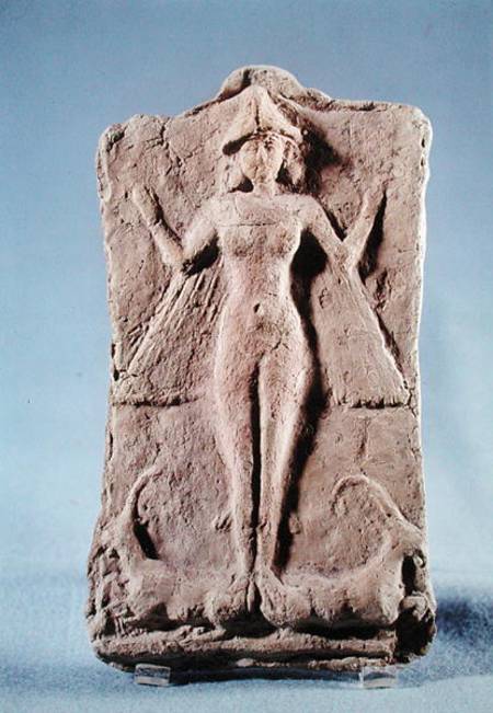 Plaque depicting a winged goddess, possibly Ishtar, standing on two ibexes, from Ras Shamra (Ugarit) à Phénicien