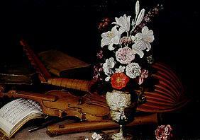 nature morte avec des fleurs et l'instrument de musique