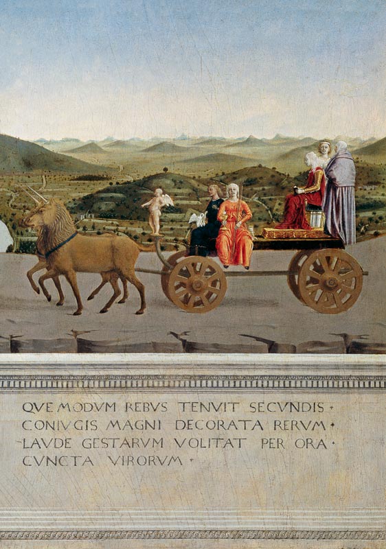 Char de triomphe tiré par deux licornes. Verso du portrait de  F.da Montef à Piero della Francesca