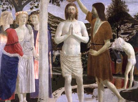 Baptism of Christ, detail of Christ, John the Baptist and angels à Piero della Francesca