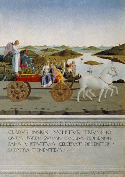 Char de triomphe tiré par deux chevaux blancs. Verso du portrait de Battista Sforza