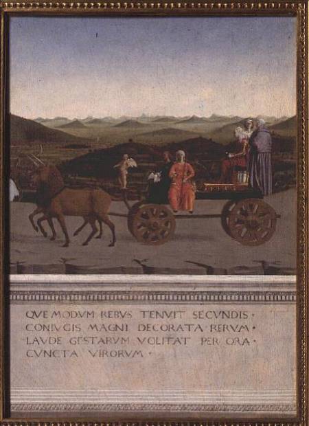 Triumph of Battista Sforza, Duchess of Urbino. Battista and her handmaiden, two Theological Virtues à Piero della Francesca
